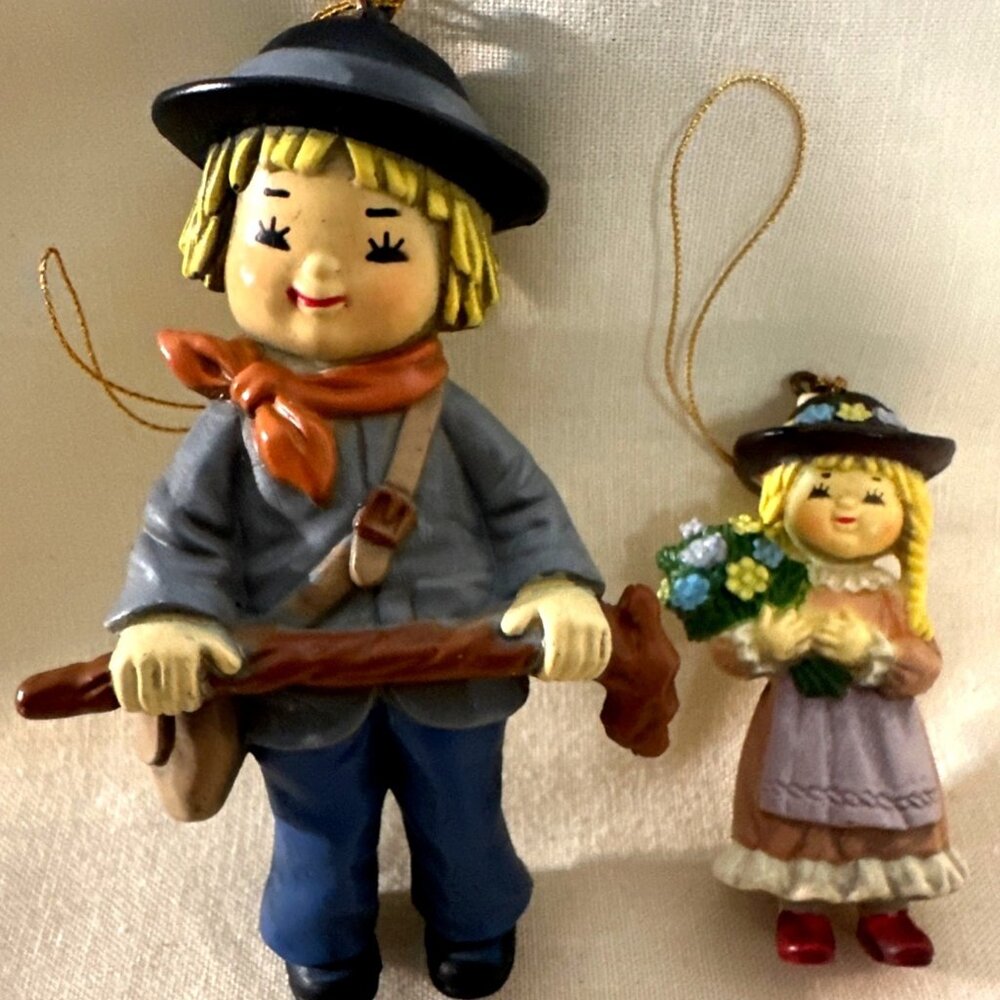 Retro MCM Kitsch Christmas Ornaments Woodsman Cottage Girl Tree Hanging Vintage